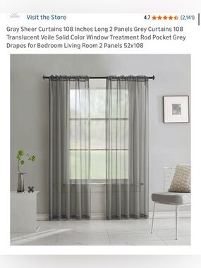 Sheer Voile Window Curtains - Gray, 2-Panel Set